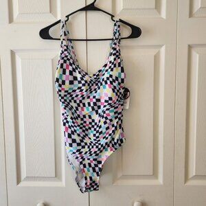 Womens Checkered Distortion 1-Piece Swimsuit High Leg Size M (7-9) NWT